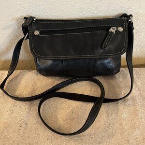 Fossil Black Leather Boho Bohemian Hippie Festival Med Flat Front Crossbody Bag